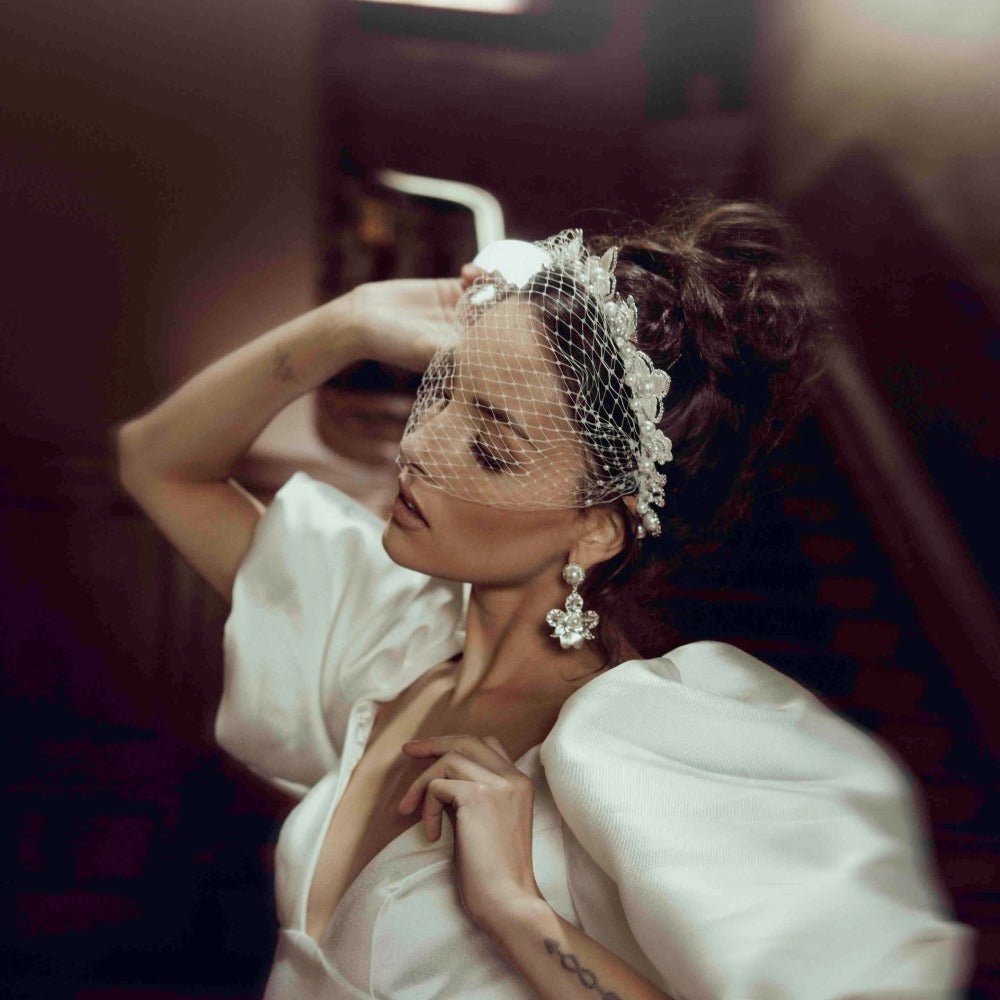 Stirling Silver Sofia Pearl Bridal Headband - AELESTEStirling Silver Sofia Pearl Bridal HeadbandHeadband#bridal_accessories##wedding_head_band##bridal_earring#