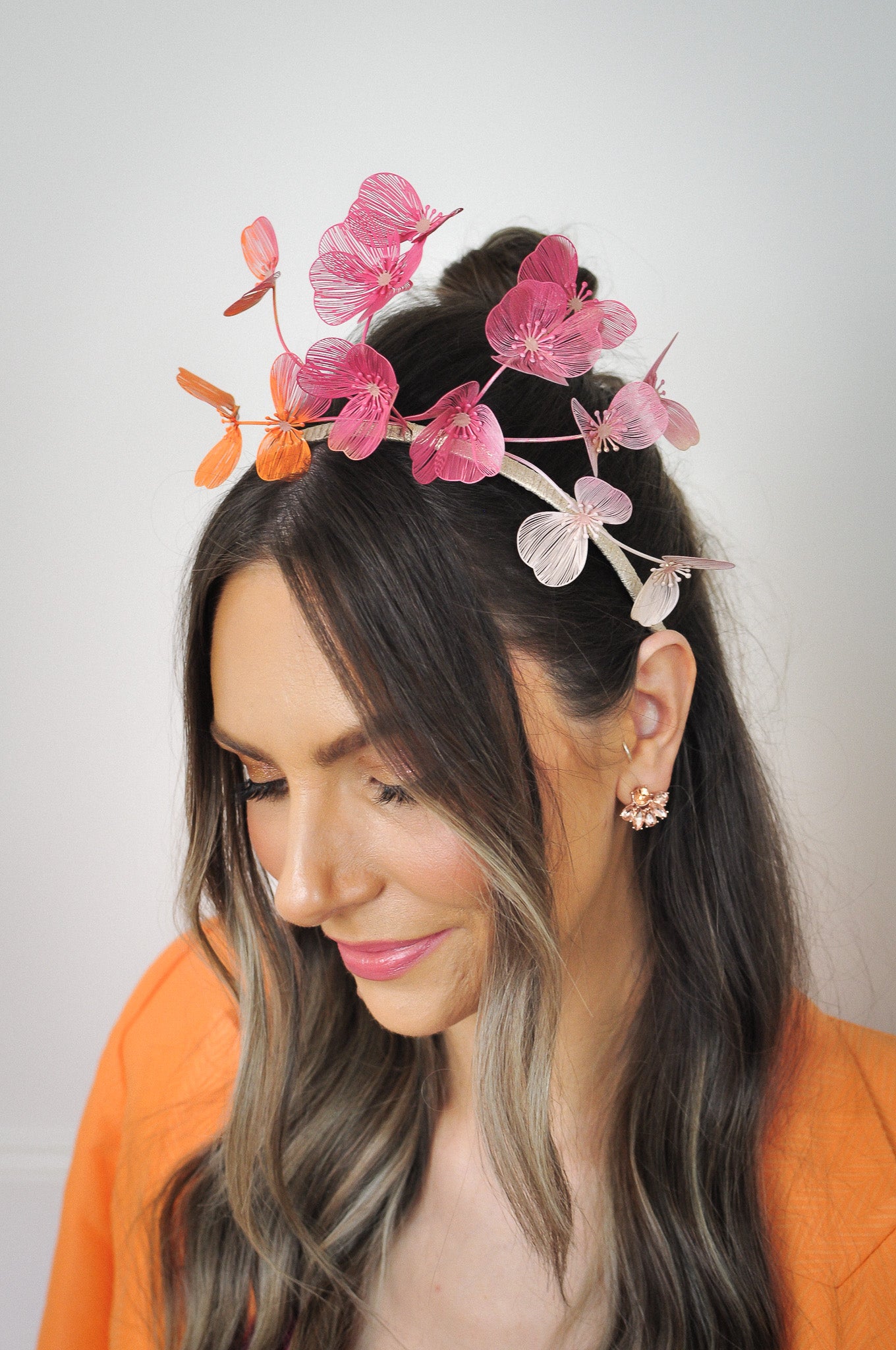 Bespoke fuchsia & orange flower headband by Cupids Millinery
