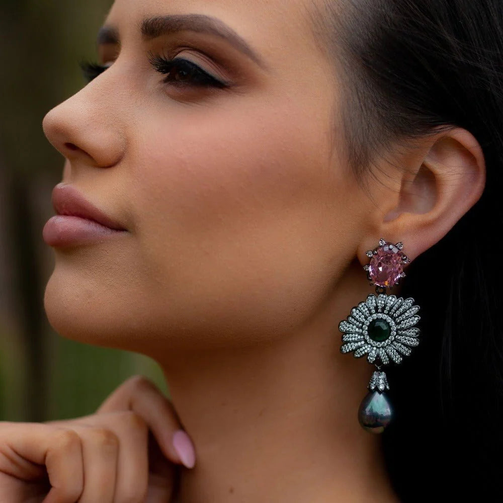 girl with green and pink statement flower earring and green pearl australia