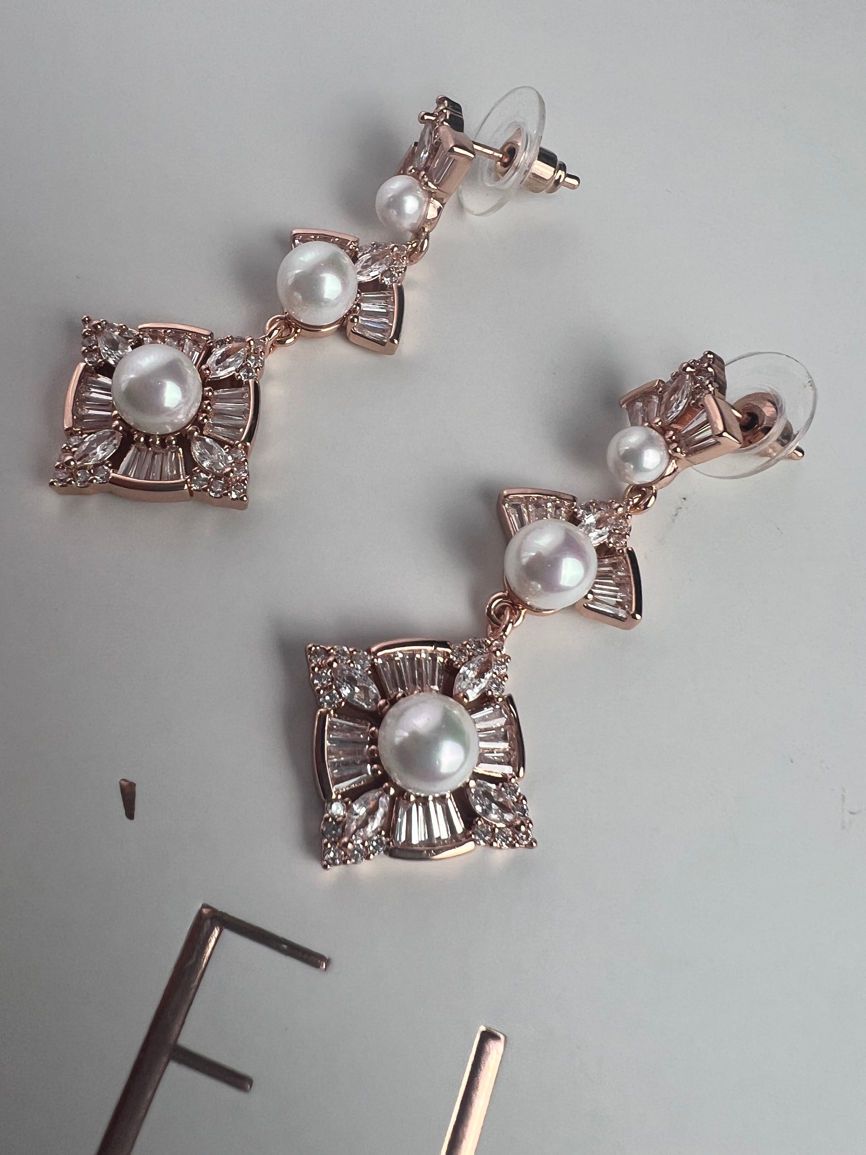 Jesse Crystal Pearl Drop Bridal Earrings - Rose Gold