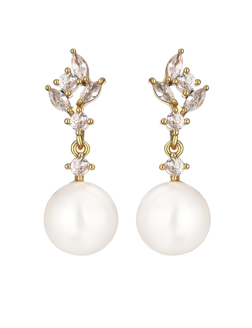 Olivia Crystal Pearl Drop Bridal Earrings - Gold