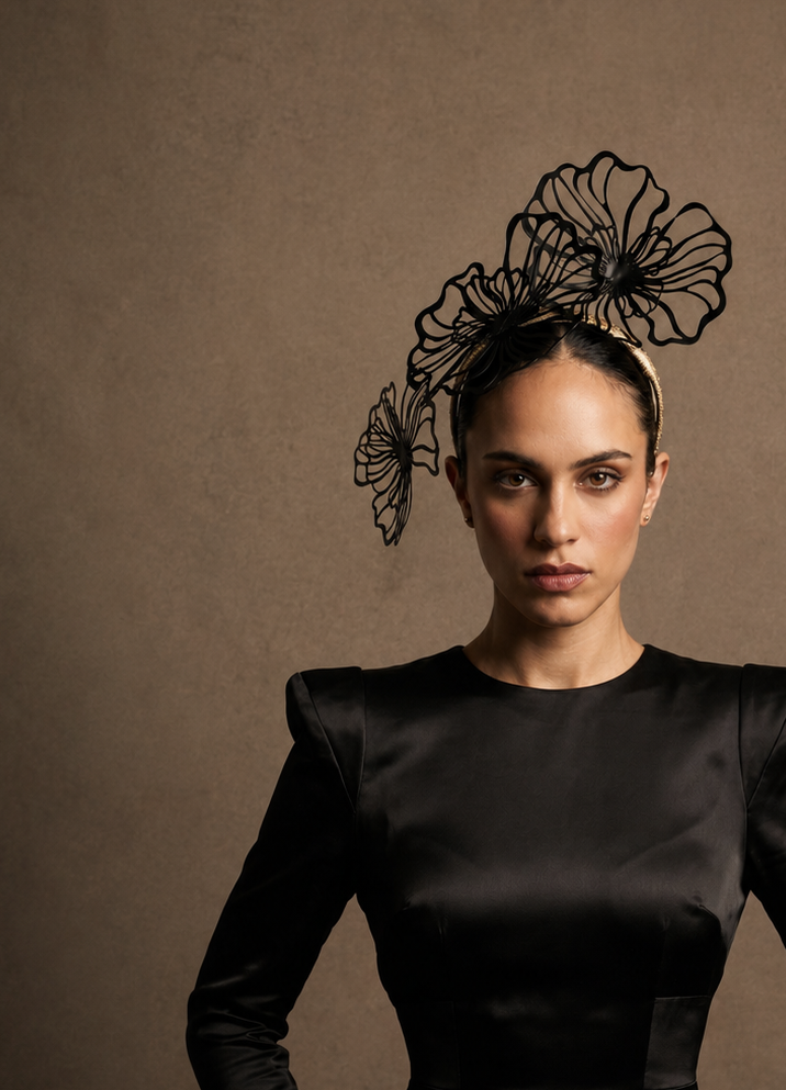 A woman wearing a black satin long-sleeve top with structured shoulders and a large black floral fascinator headpiece, for derby day 2026
