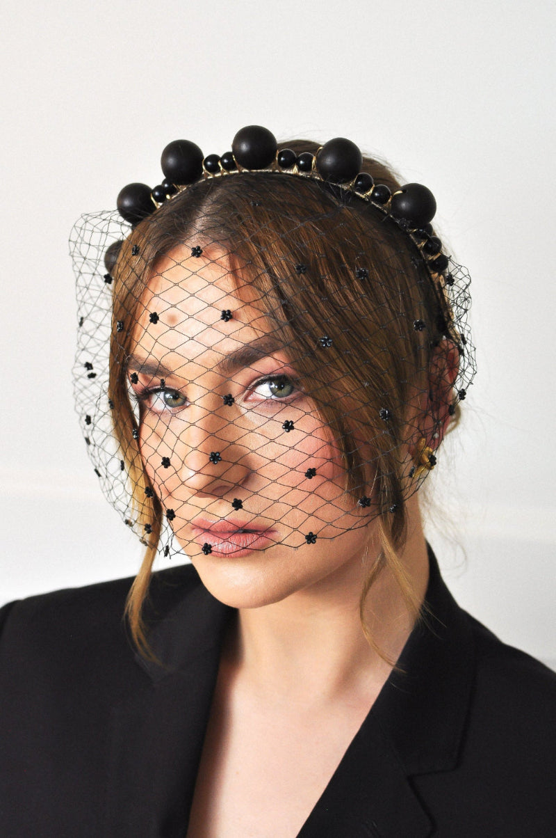 black derby day headpiece with birdcage veil for spring racing events