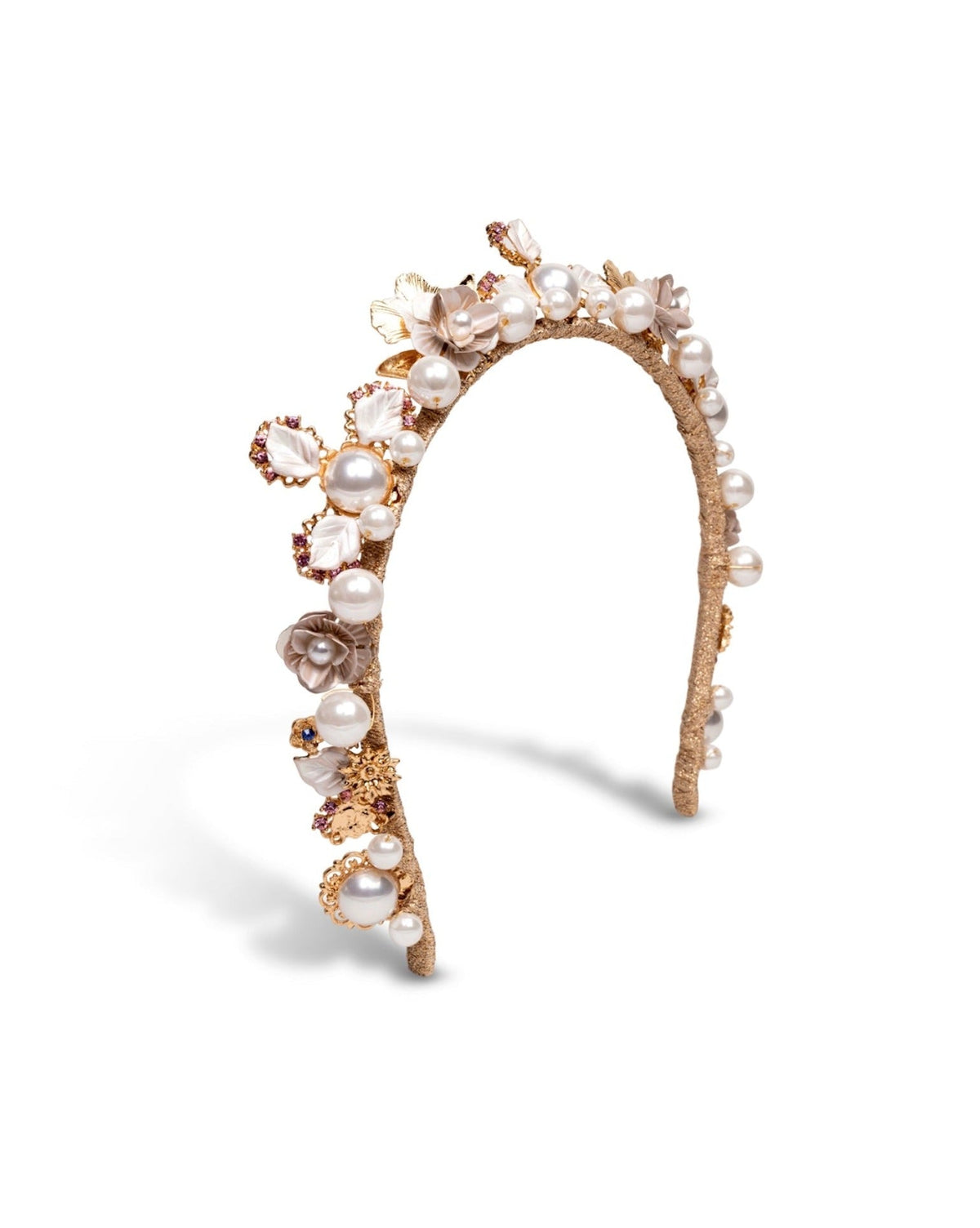 gold and pearl bridal headband feating white roses and flowers