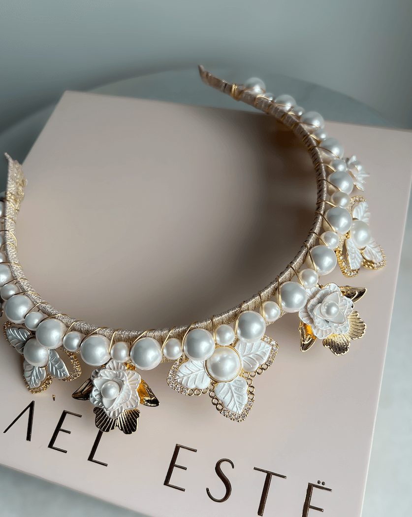 18k Gold Sofia Pearl Bridal Headband Set