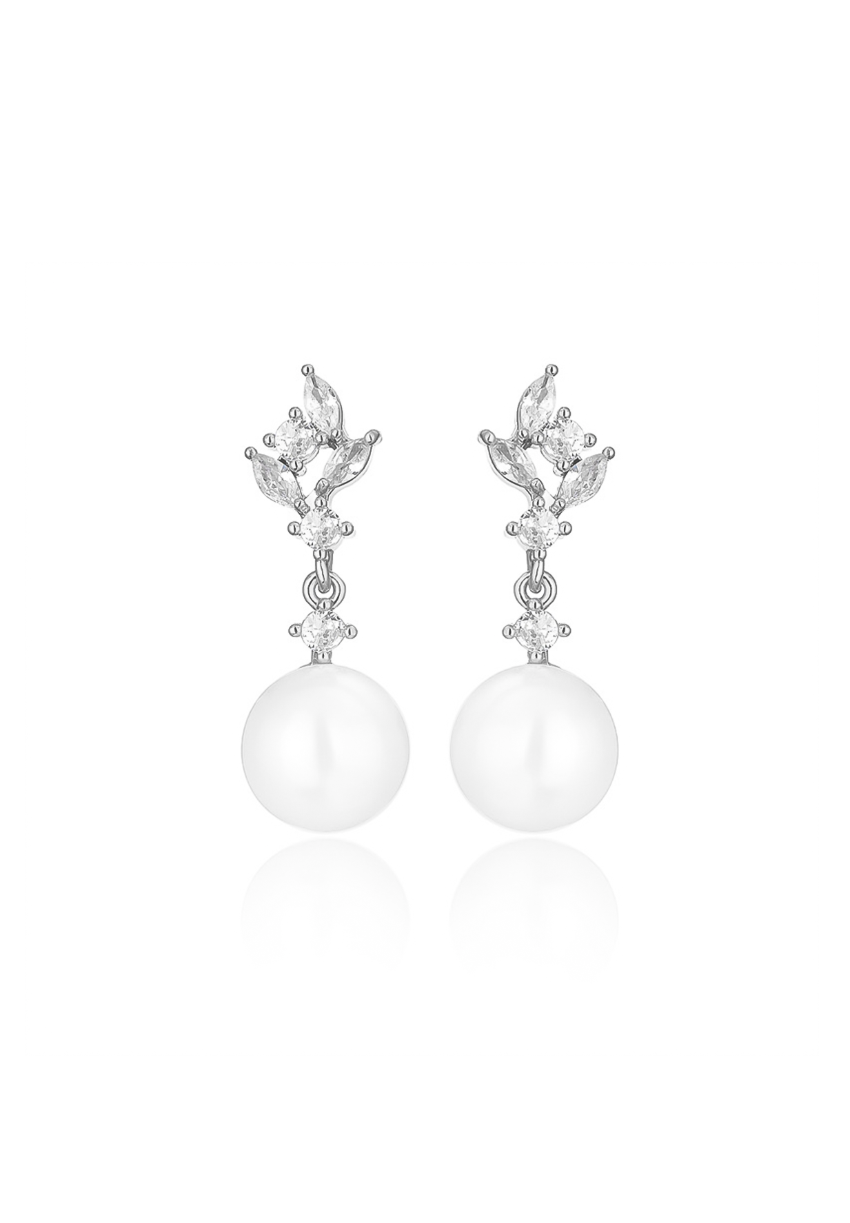 Olivia Crystal Pearl Drop Bridal Earrings - Silver