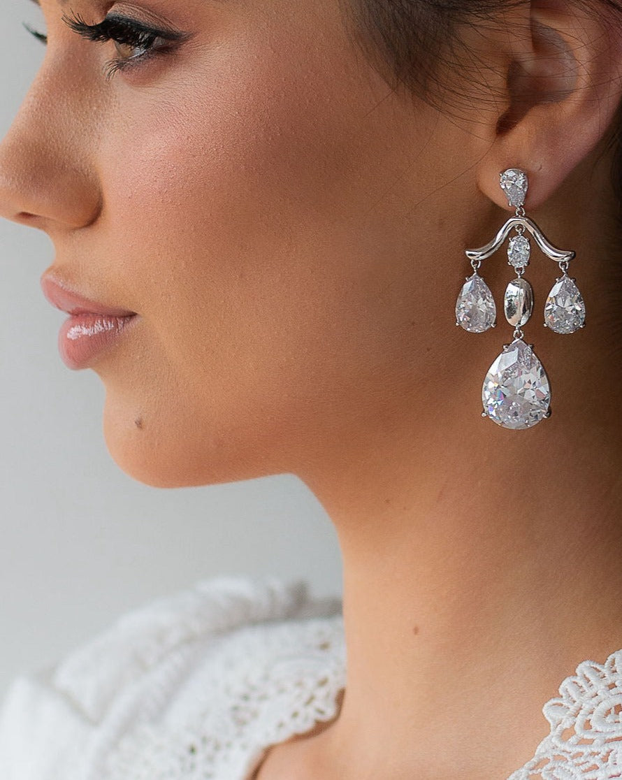Laurent Crystal Bridal Drop Earrings -  Silver