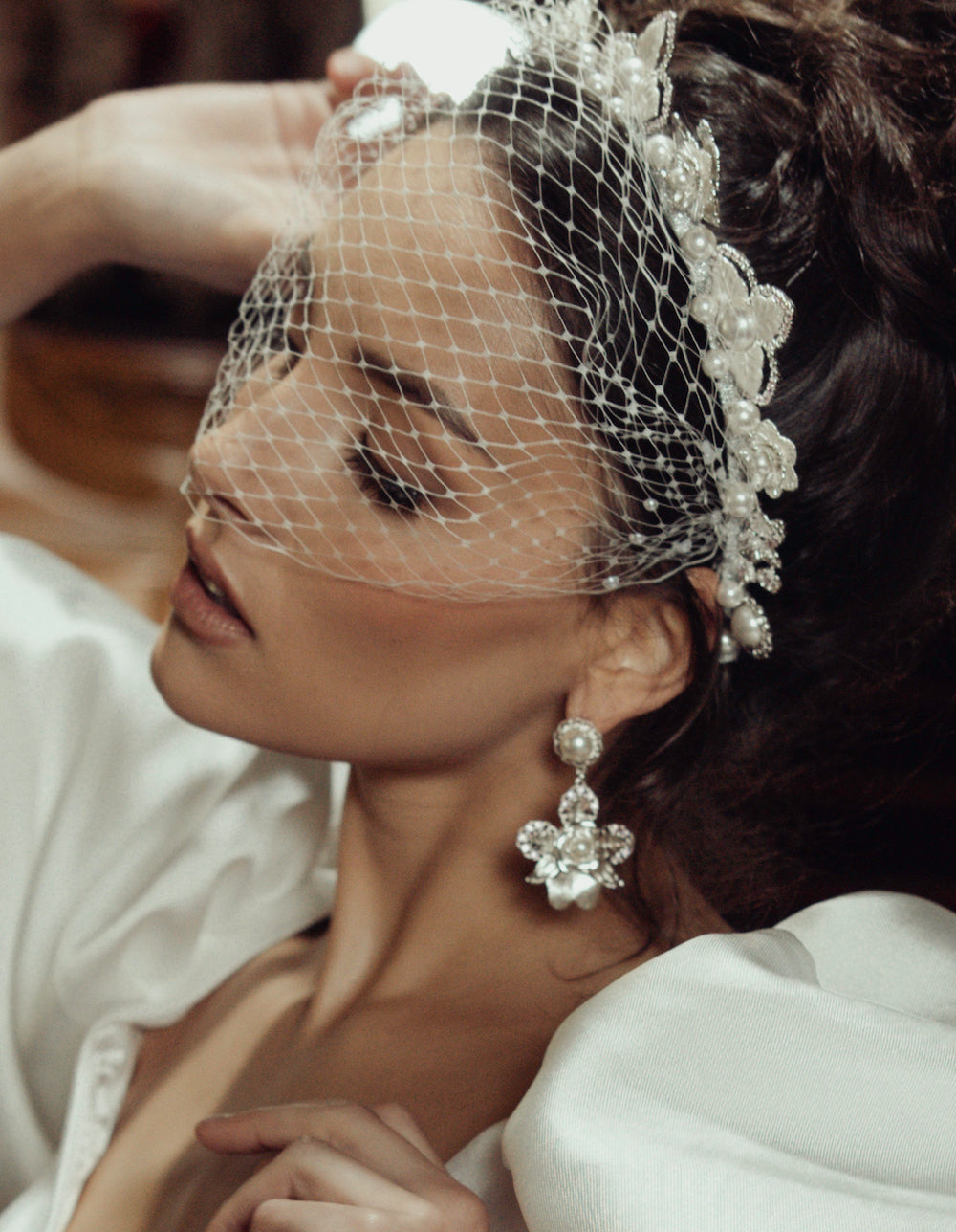 Silver Sofia Pearl Bridal Headband + Silver Sofia Earrings