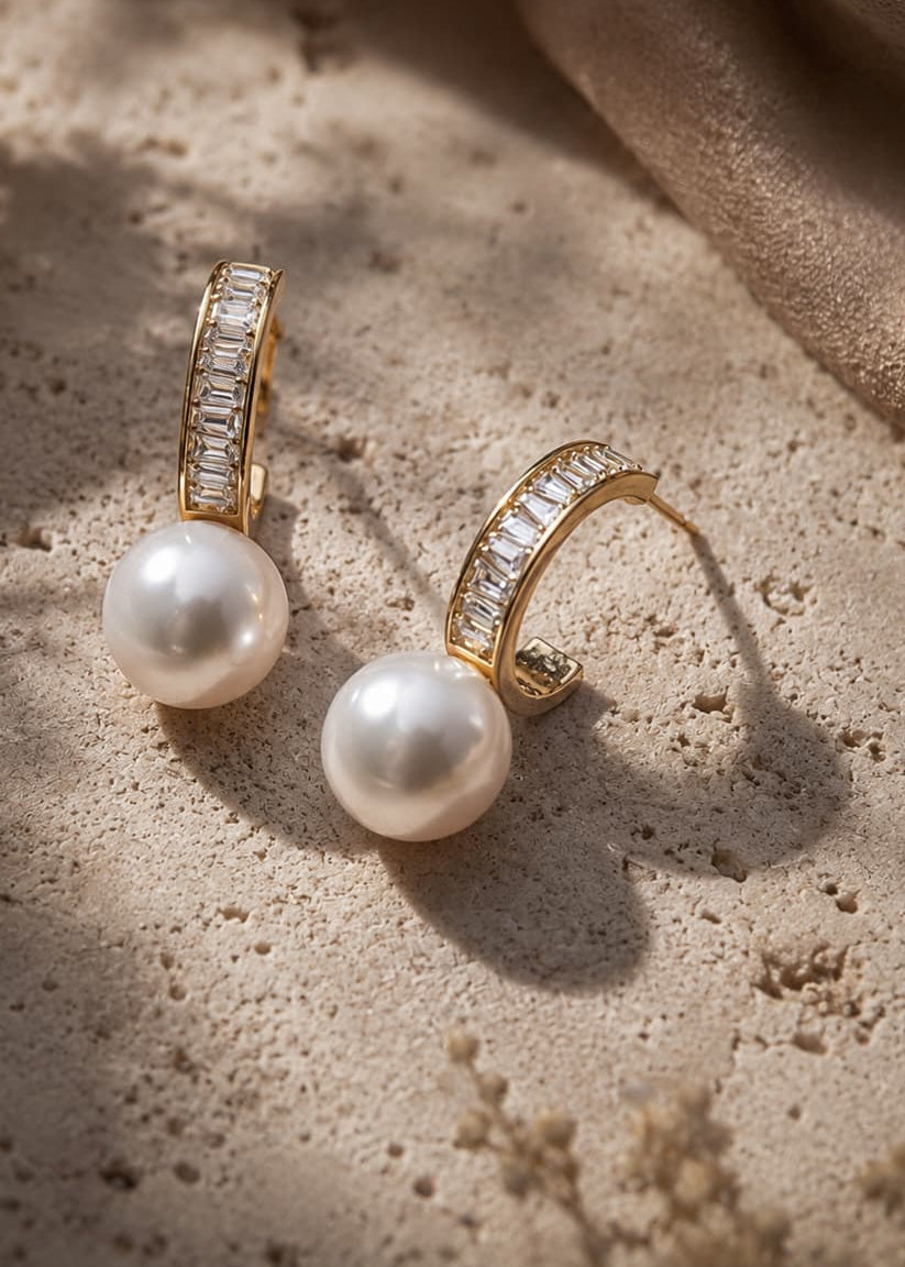 stunning bridal pearl and crystal hoop earrings for weddings on a natural background
