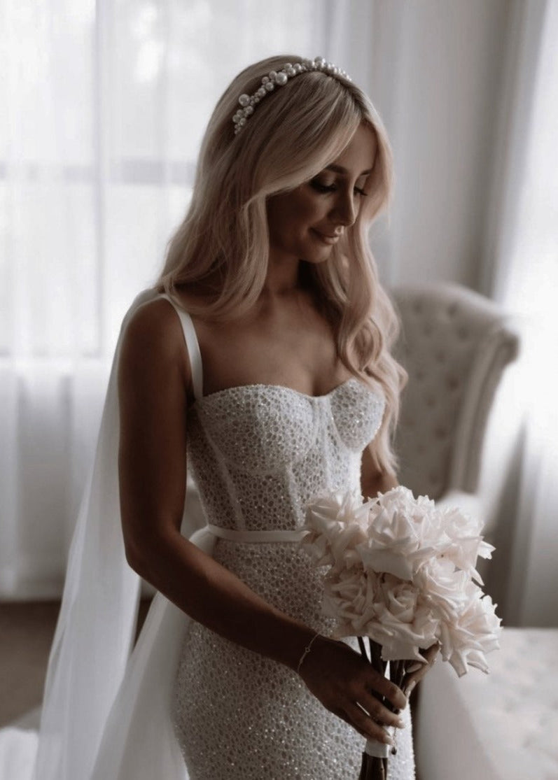 Charlotte Pearl Headband - AELESTECharlotte Pearl HeadbandCrown#bridal_accessories##wedding_head_band##bridal_earring#