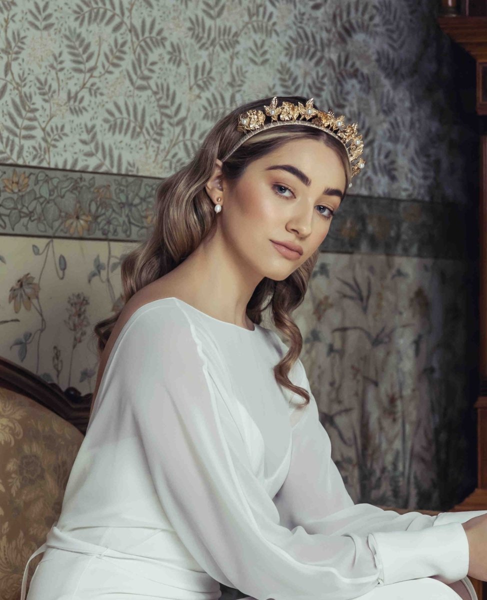 Gold Lourdes Crown - AELESTEGold Lourdes CrownBridal Accessories#bridal_accessories##wedding_head_band##bridal_earring#